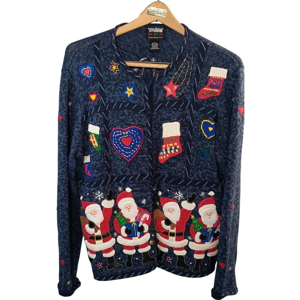 Studio Ease Christmas Cardigan Sweater Santa Holiday Novelty Knitwear Blue